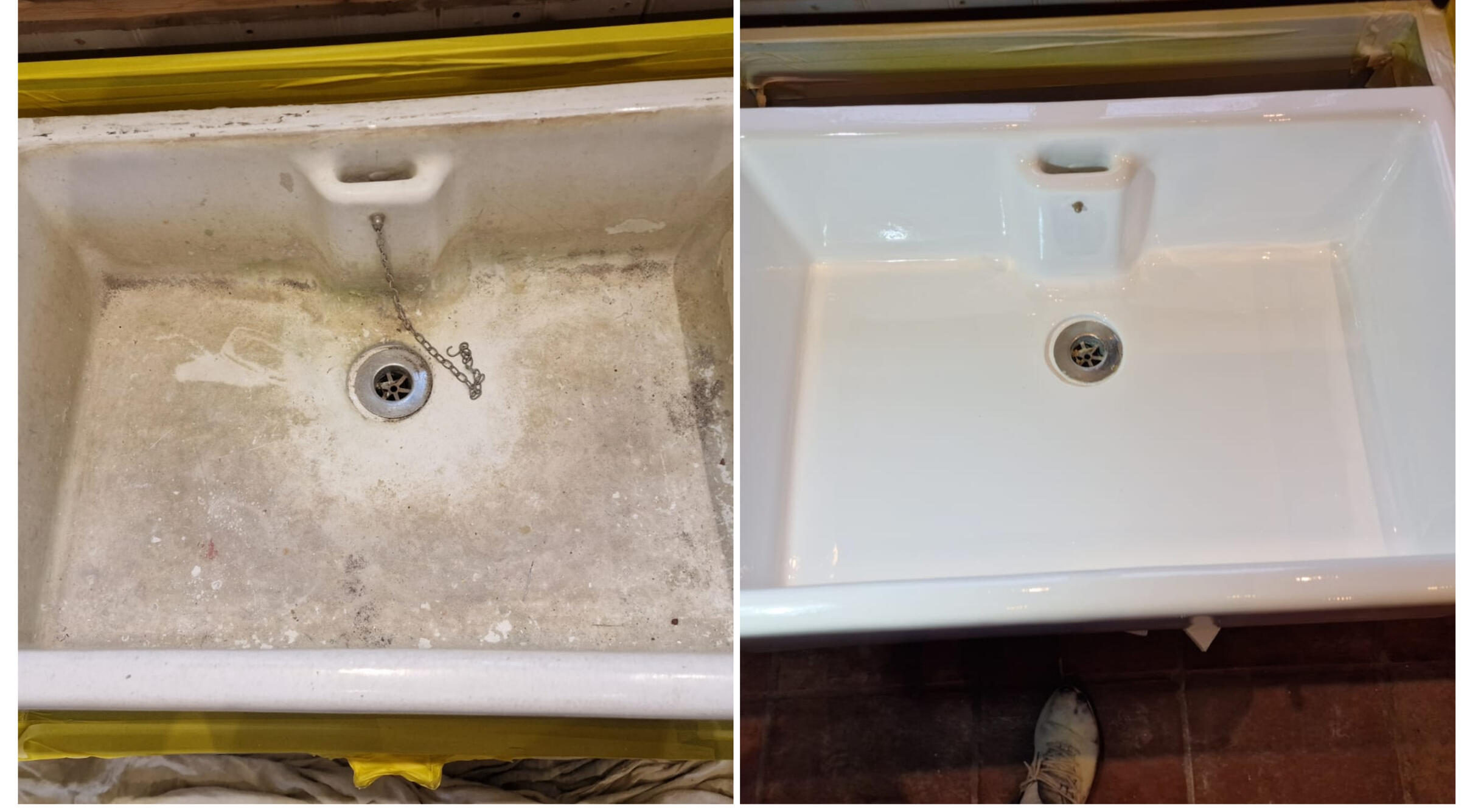 BELFAST KITCHEN SINK RESTORED IN Coventry BEFORE AND AFTER PHOTOS OF A KITCHEN CERAMIC BELFAST SINK, WAS DAMAGED AND FULL OF CHIPS, FULLY RESORED TO A LIKE NEW FINISH IN Coventry
