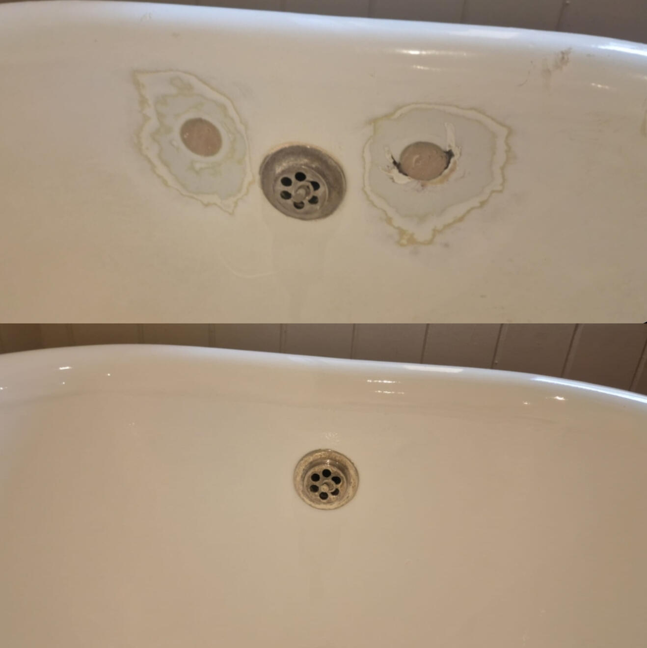 BEFORE AND AFTER PICTURES OF A CAST IRON BATH TAP HOLES FILLED AND REPAIRED Before and after cast iron bath tap holes filled and repaired in Coventry