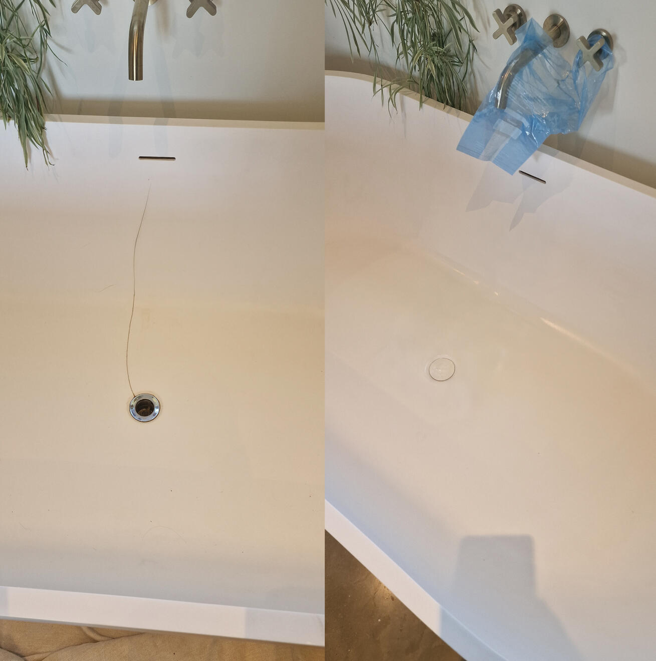 before and after pictures of a stone resin acrylic bath crack repair Reinforced stone resin bath crack repair in Coventry