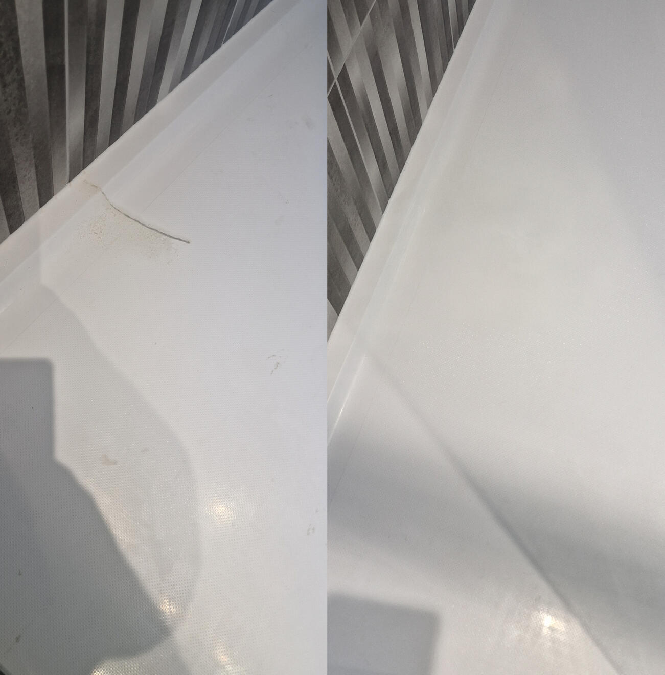 before and after pictures of a stone resin acrylic shower tray crack repair Reinforced shower tray crack repair in Coventry