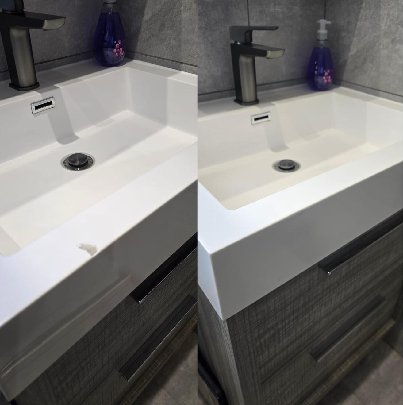 BEFORE AND AFTER PICTURES OF A COMPOSITE BATHROOM BASIN CHIP REPAIR Before and after composite bathroom basin chip repair in Coventry