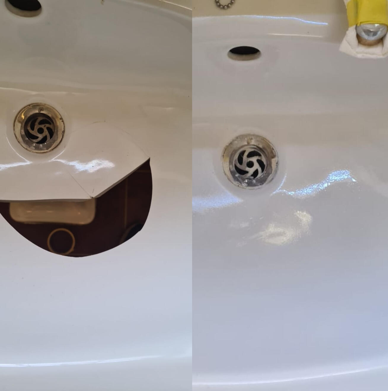 before and after pictures of a ceramic sink crack repair Before and after ceramic sink crack repair in Coventry