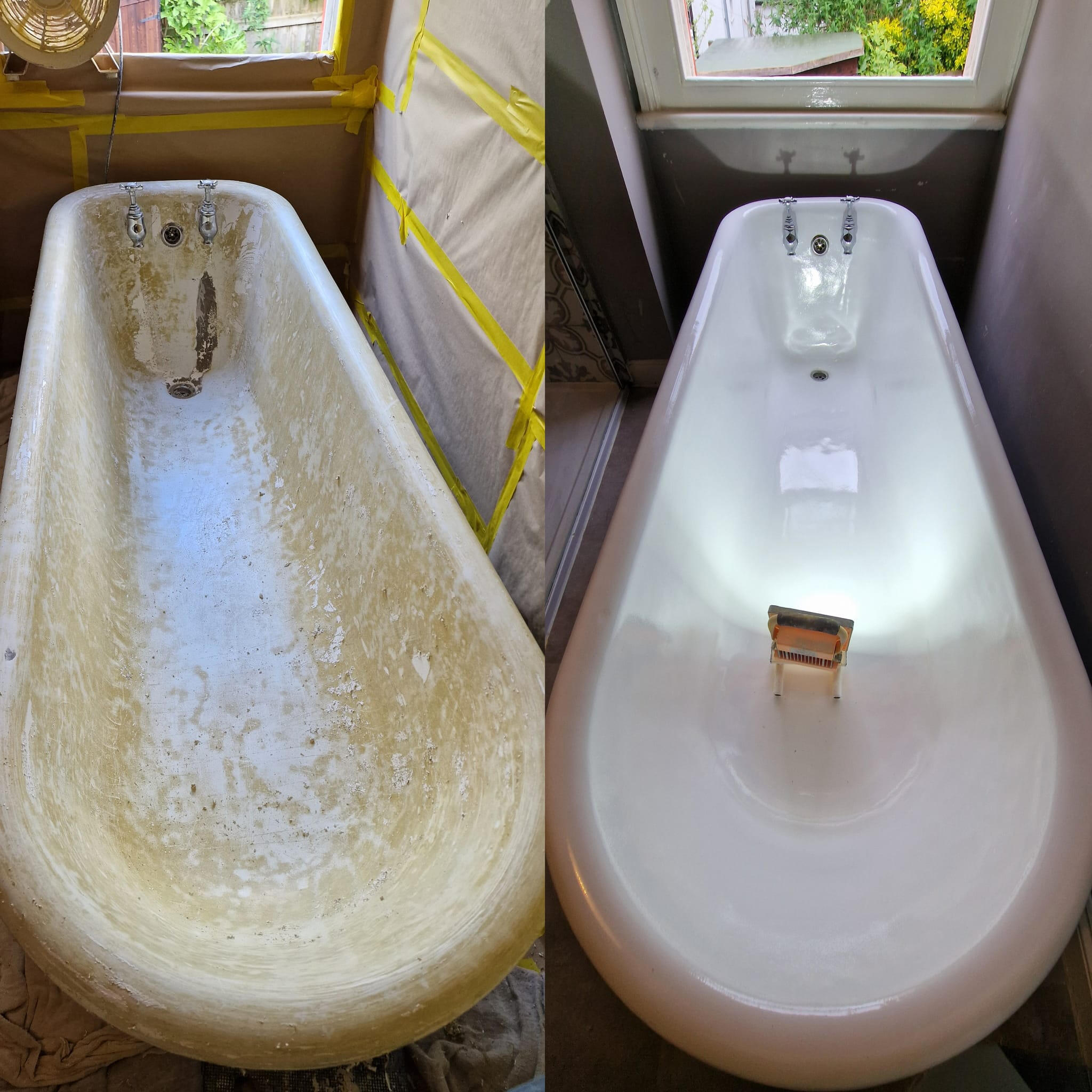 PICTURE OF A BEFORE AND AFTER OF A ROLL TOP CAST IRON BATH Before and after roll top cast iron bath re-enamelling in Coventry